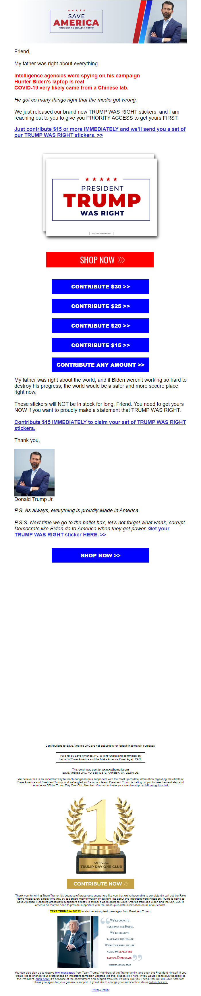 Screenshot of the email generated on import