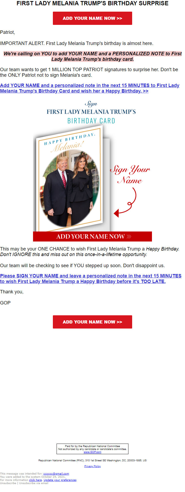 Screenshot of the email generated on import