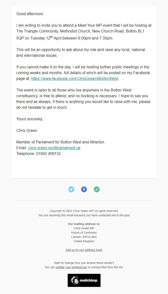 Screenshot of the email generated on import
