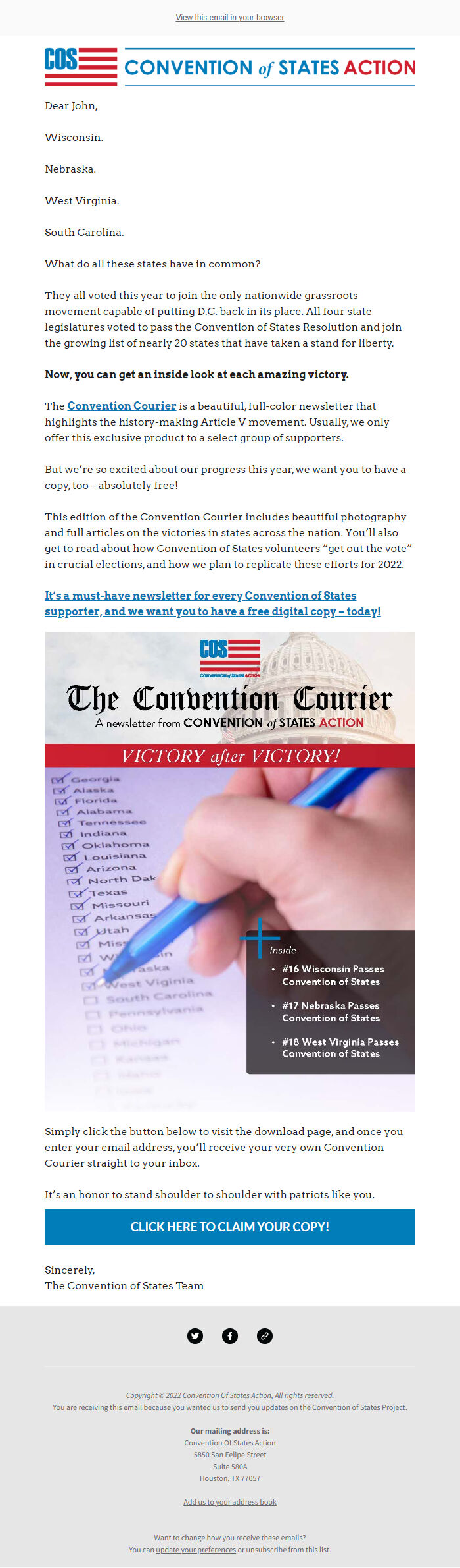 Screenshot of the email generated on import