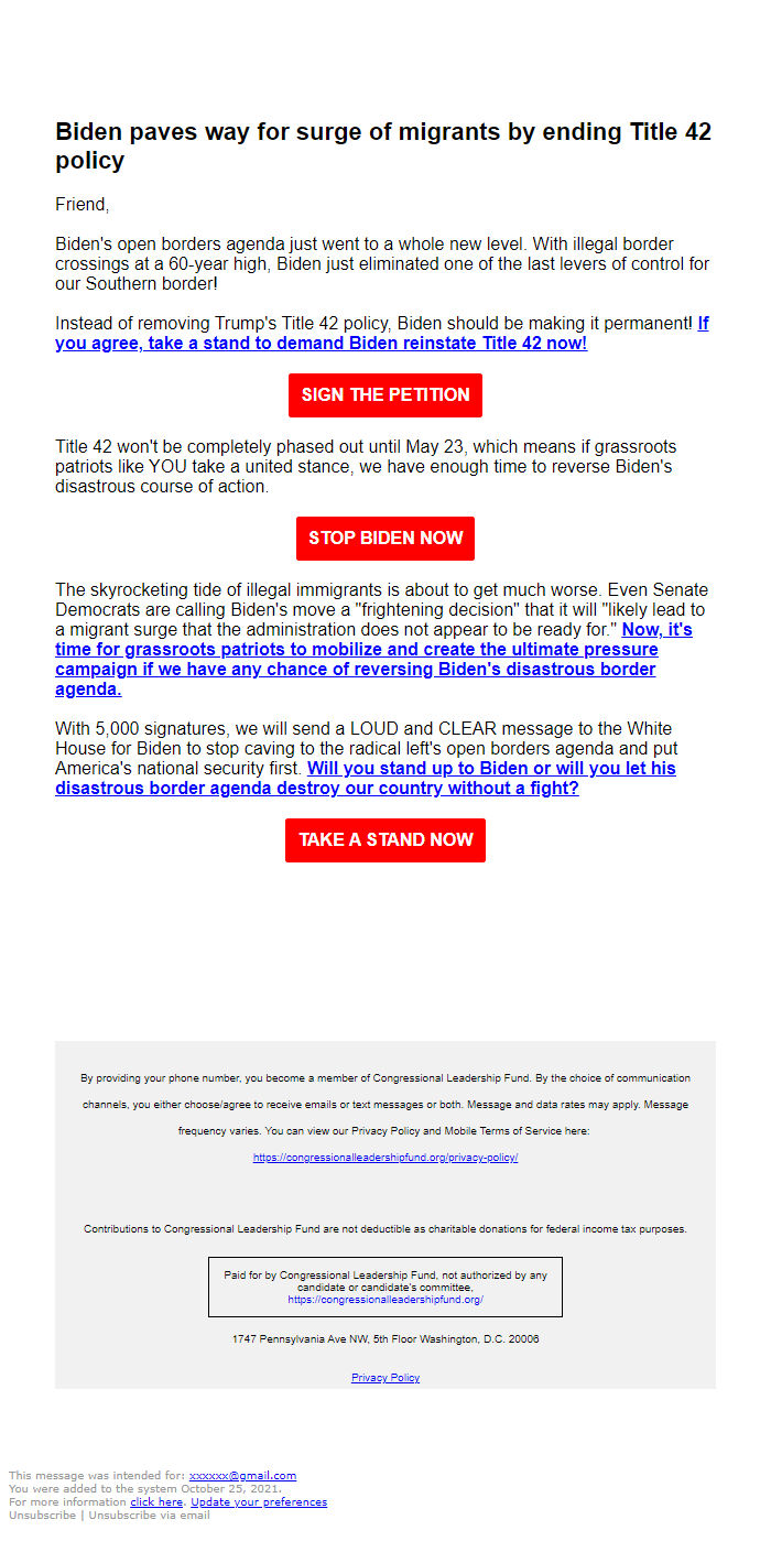 Screenshot of the email generated on import