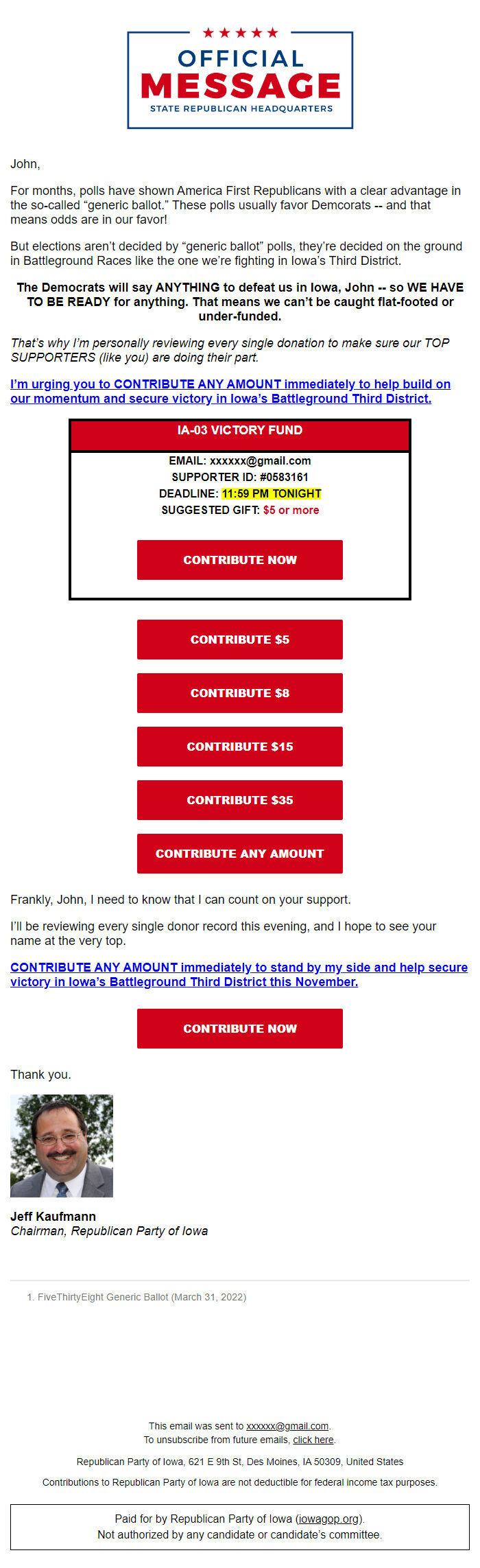 Screenshot of the email generated on import