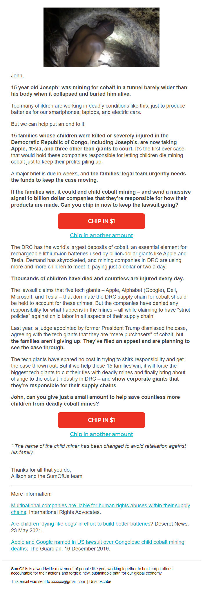 Screenshot of the email generated on import