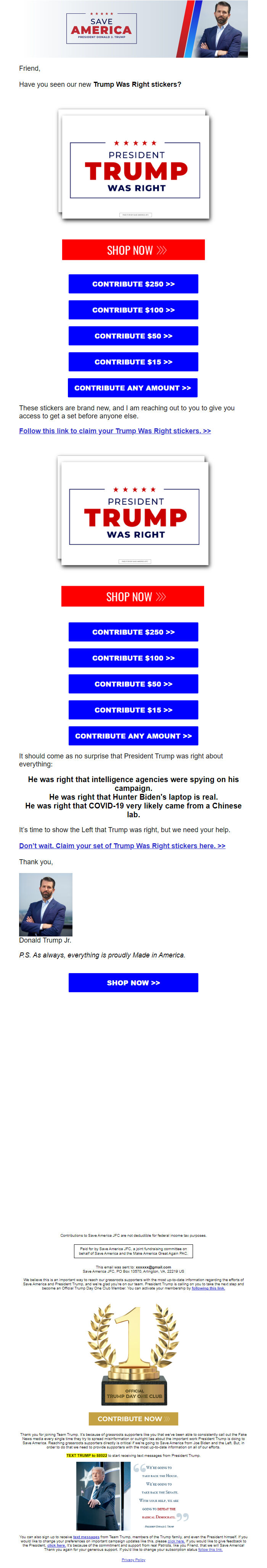 Screenshot of the email generated on import