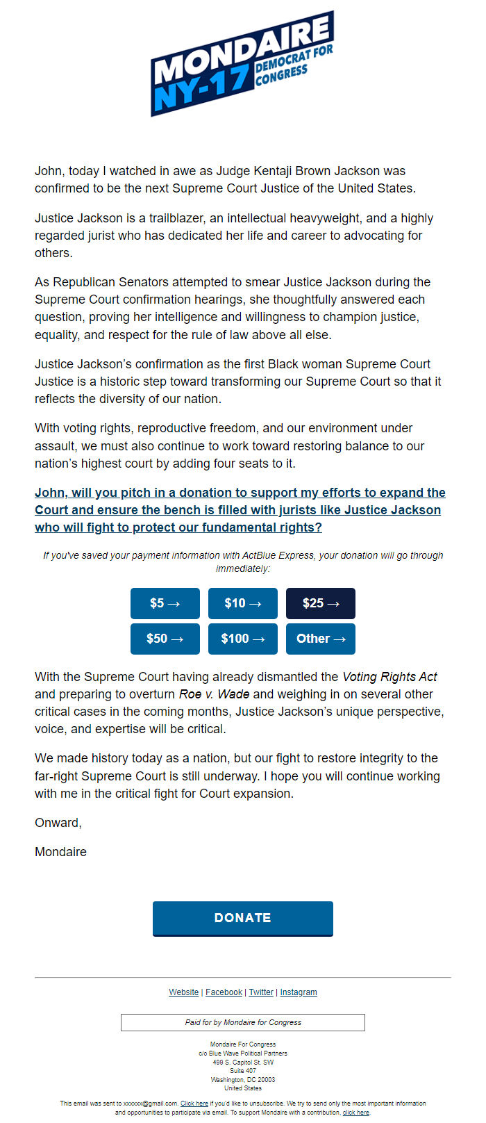 Screenshot of the email generated on import