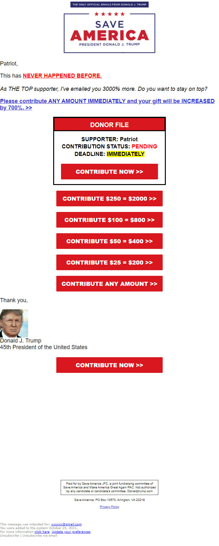 Screenshot of the email generated on import