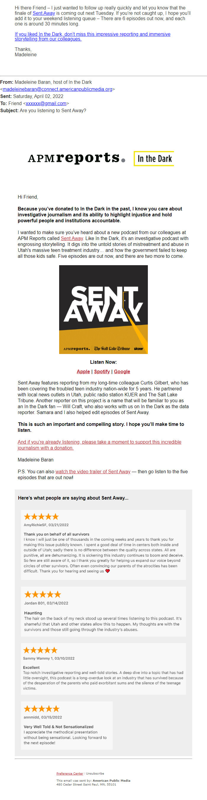 Screenshot of the email generated on import