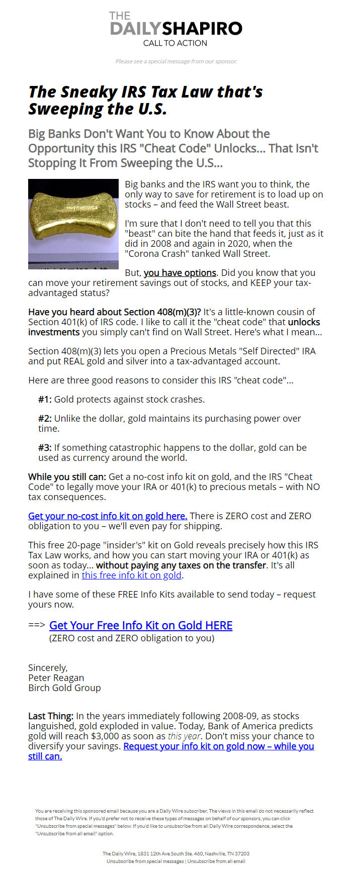 Screenshot of the email generated on import