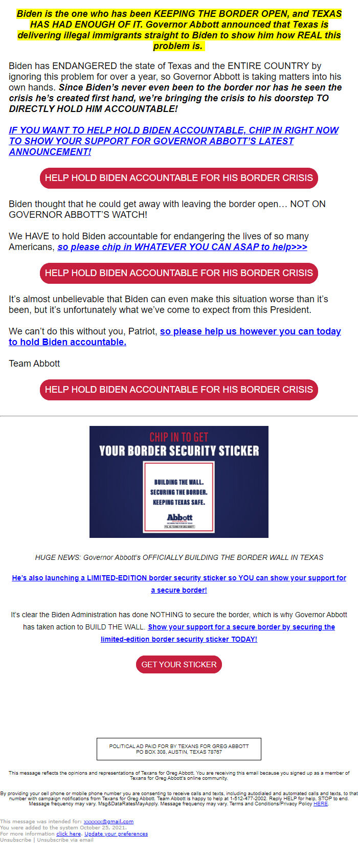 Screenshot of the email generated on import