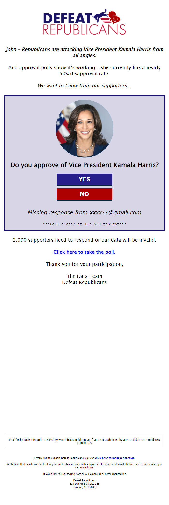 Screenshot of the email generated on import