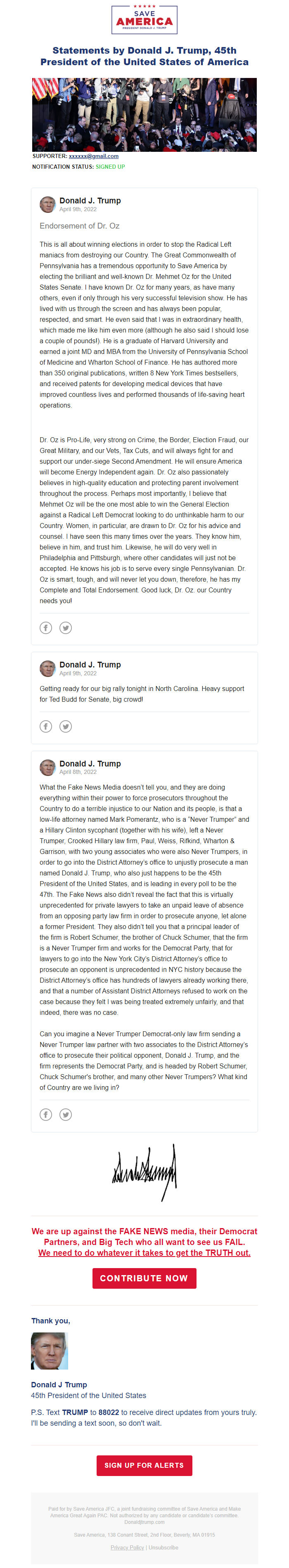 Screenshot of the email generated on import