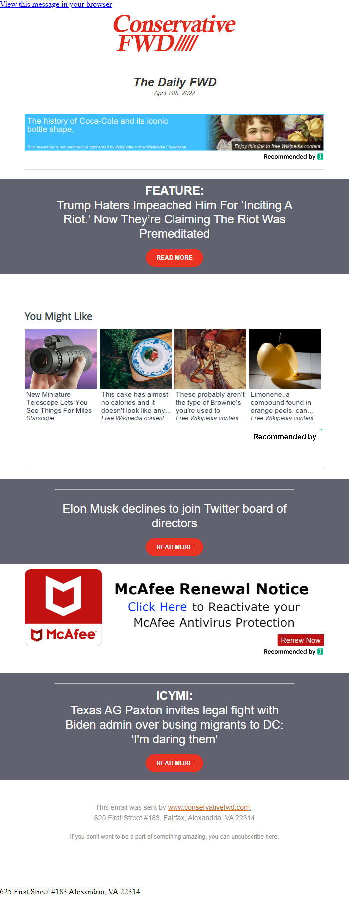 Screenshot of the email generated on import