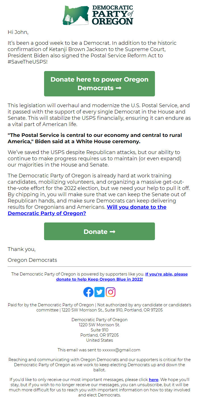 Screenshot of the email generated on import