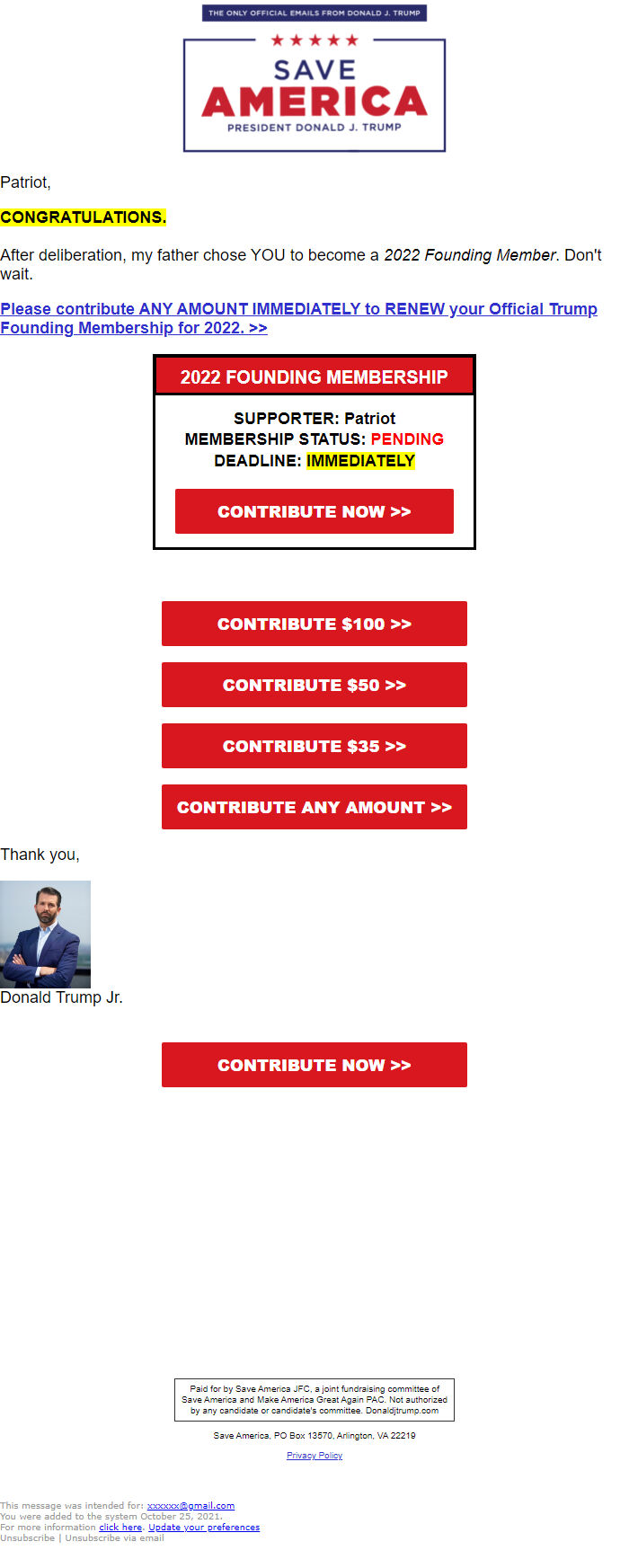 Screenshot of the email generated on import