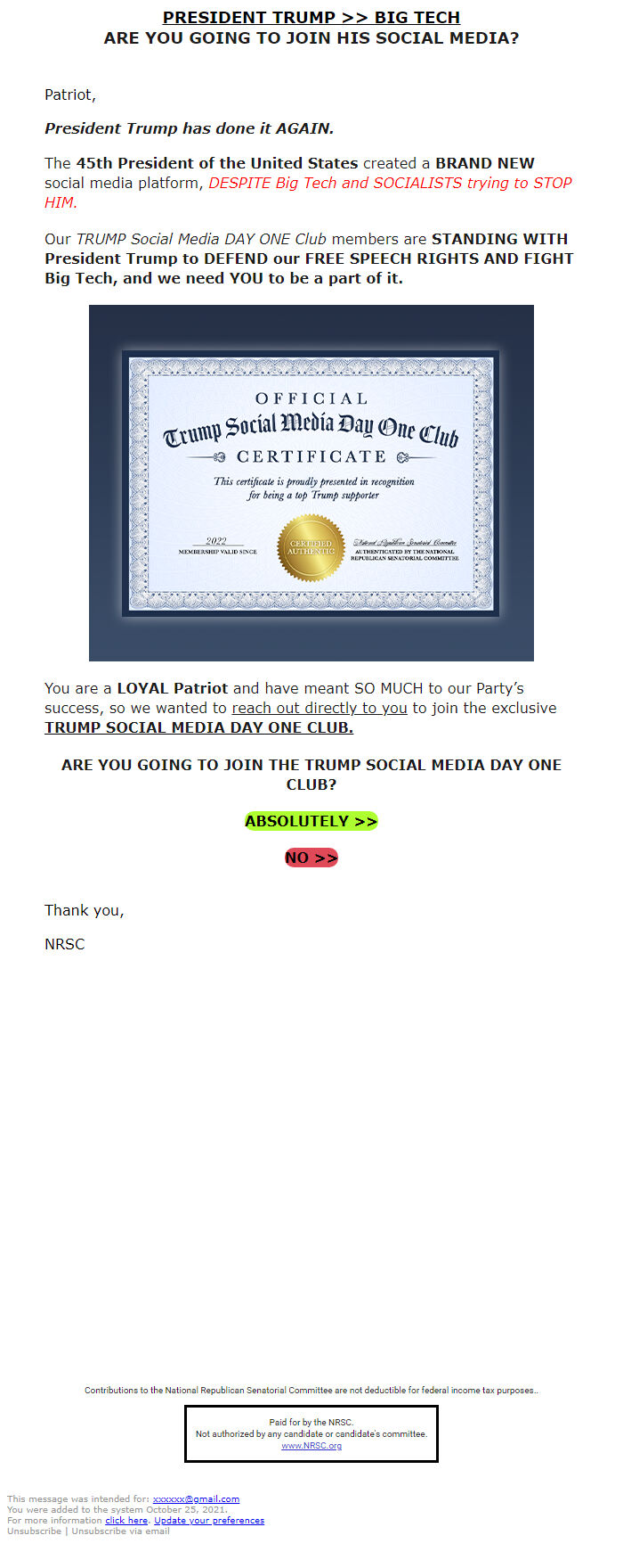 Screenshot of the email generated on import