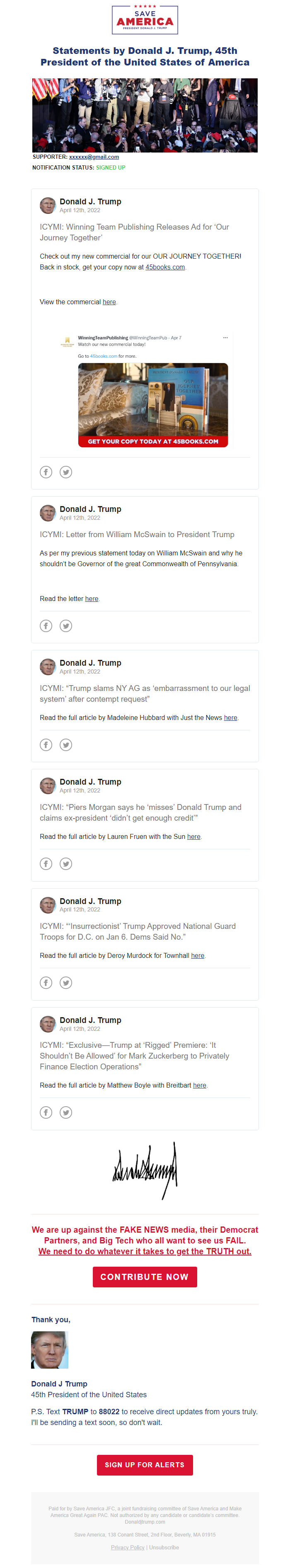 Screenshot of the email generated on import