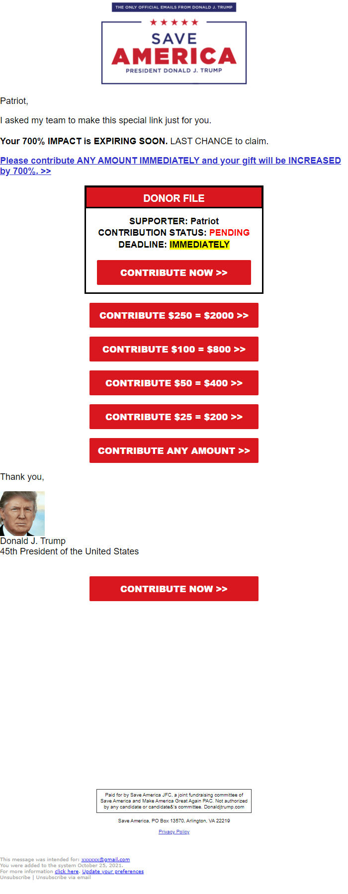 Screenshot of the email generated on import