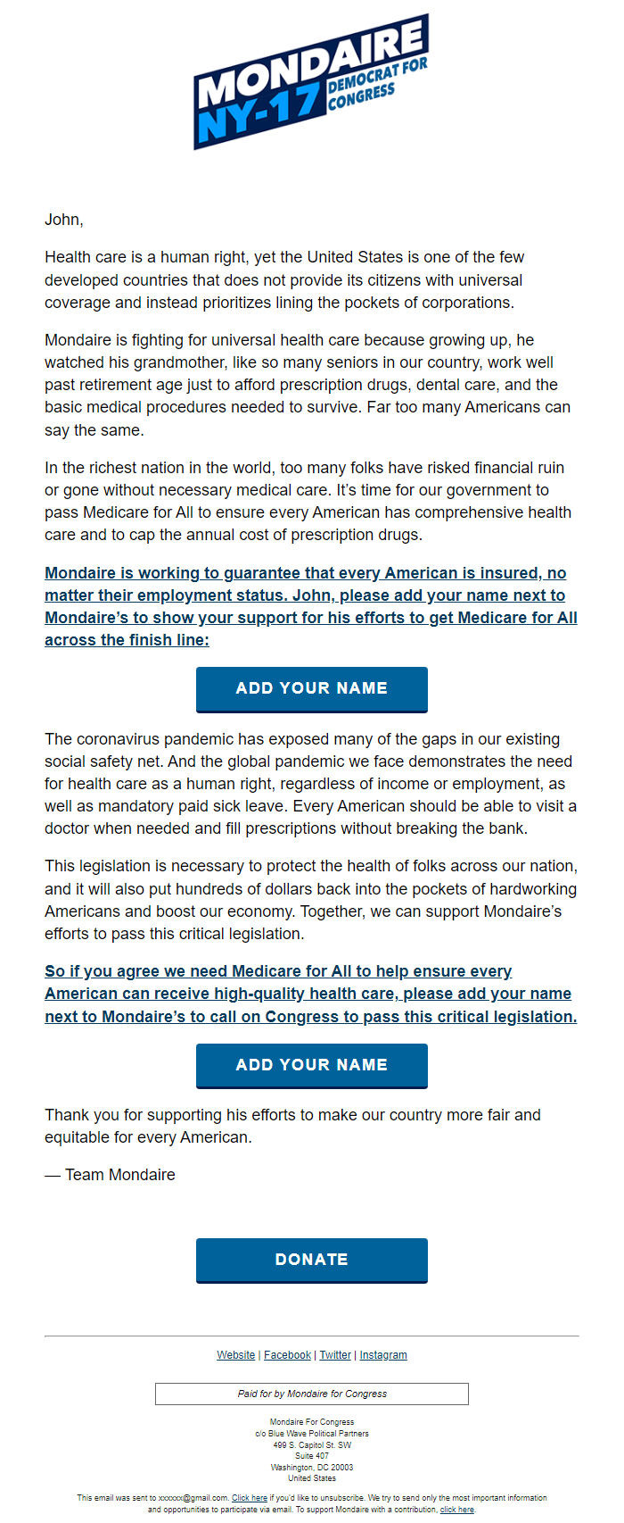 Screenshot of the email generated on import