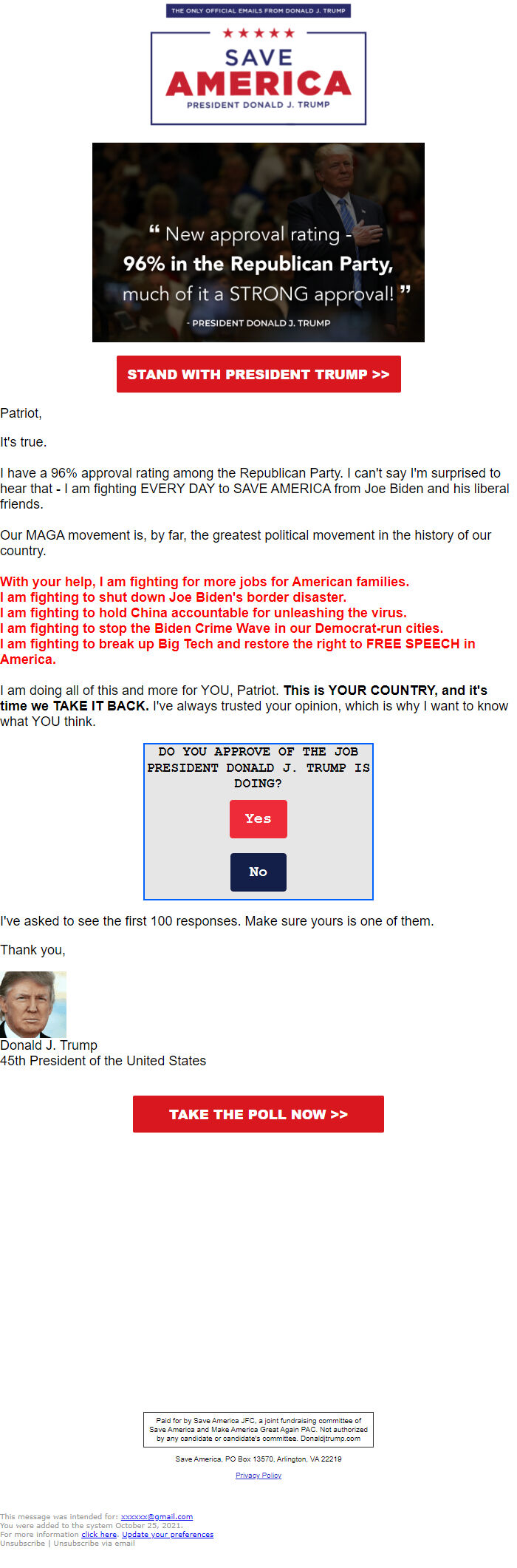 Screenshot of the email generated on import