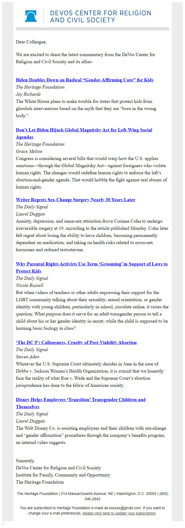 Screenshot of the email generated on import