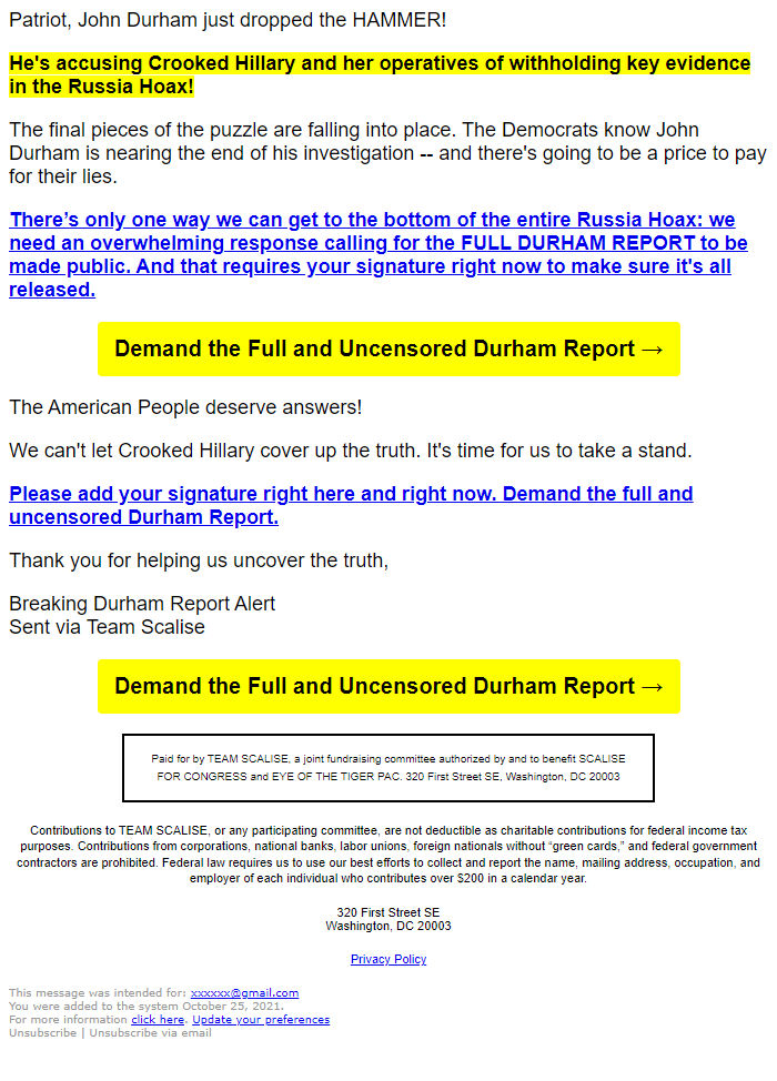 Screenshot of the email generated on import