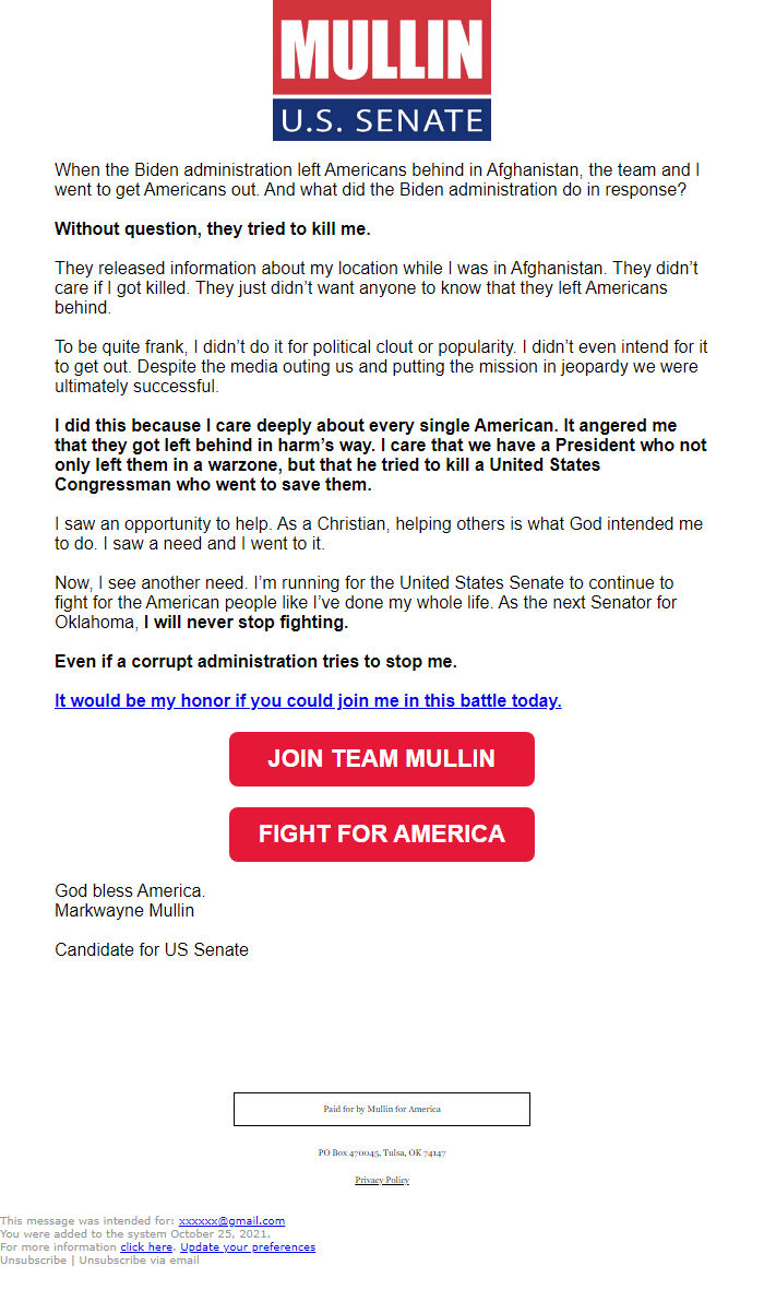 Screenshot of the email generated on import