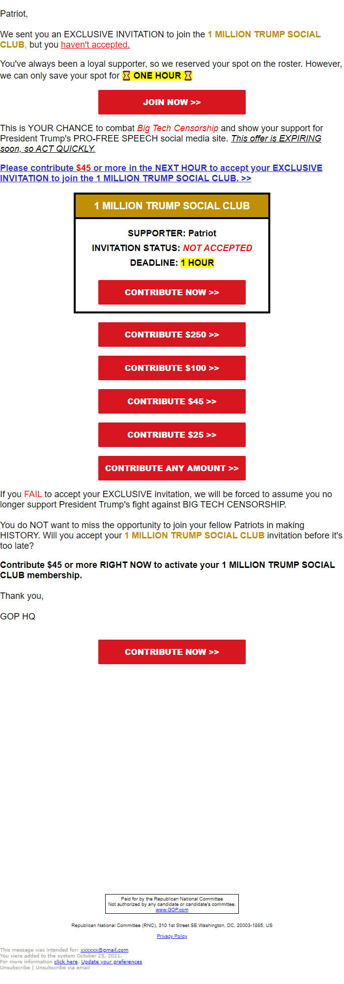 Screenshot of the email generated on import