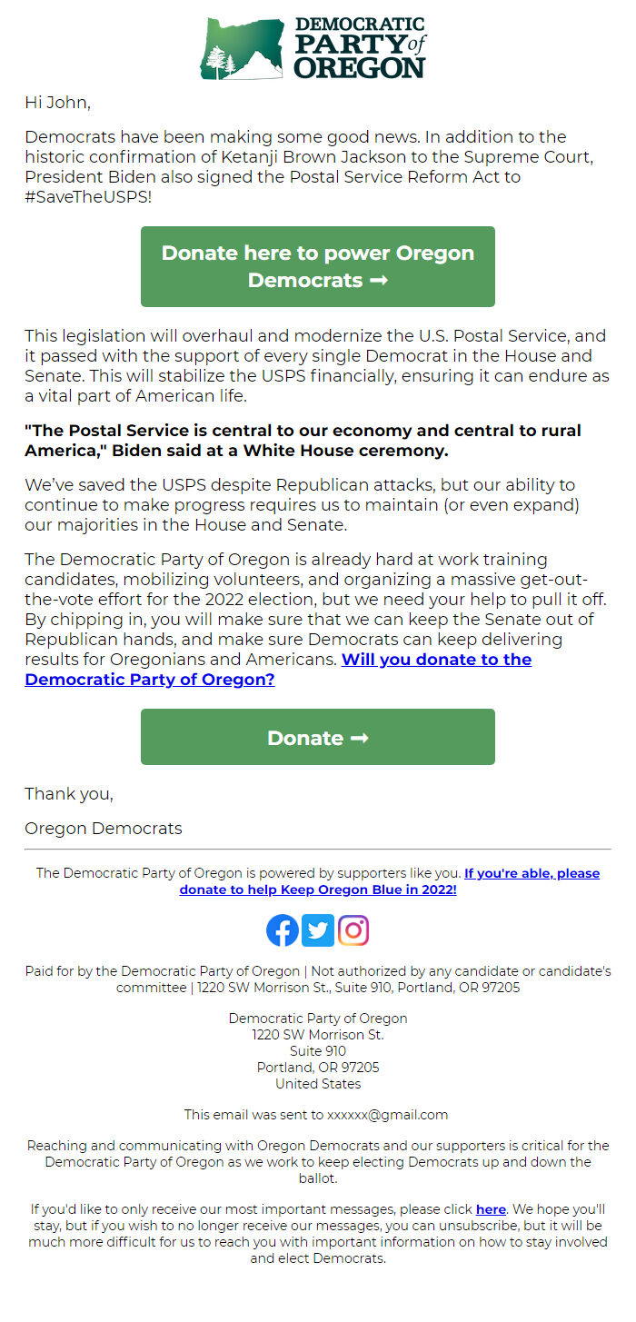 Screenshot of the email generated on import