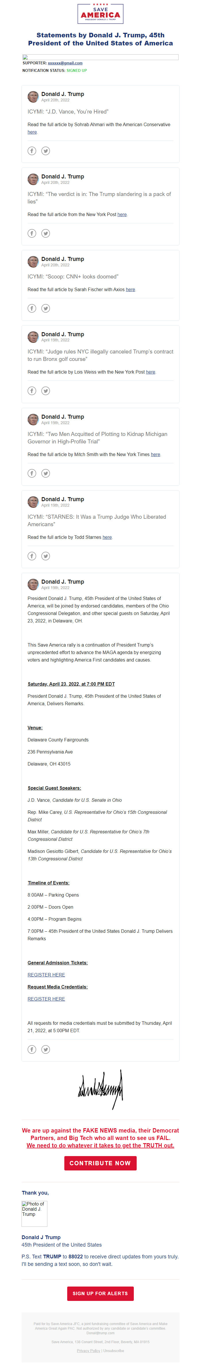 Screenshot of the email generated on import