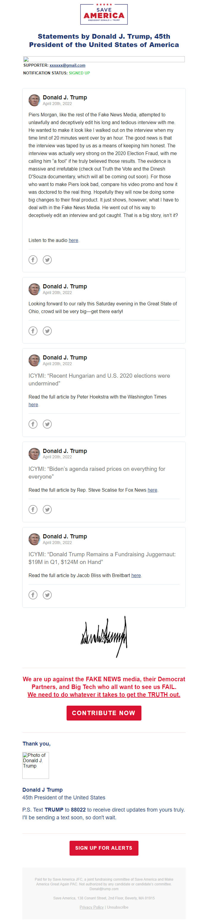 Screenshot of the email generated on import