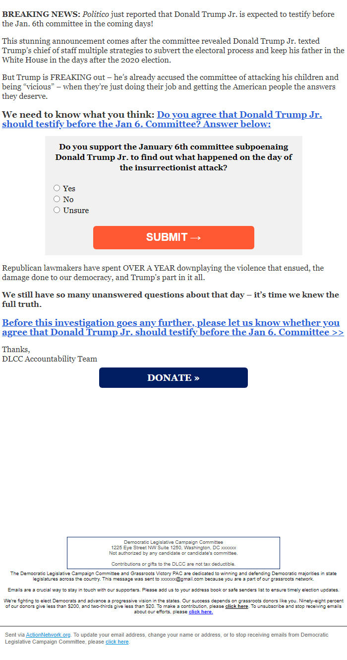 Screenshot of the email generated on import