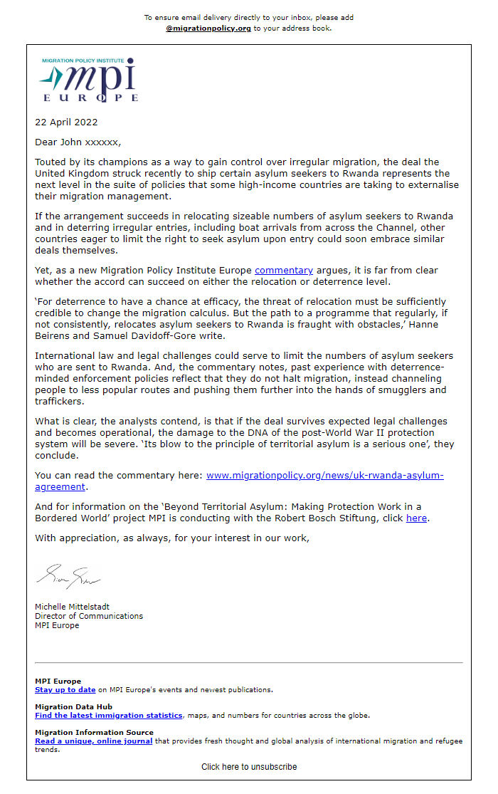 Screenshot of the email generated on import