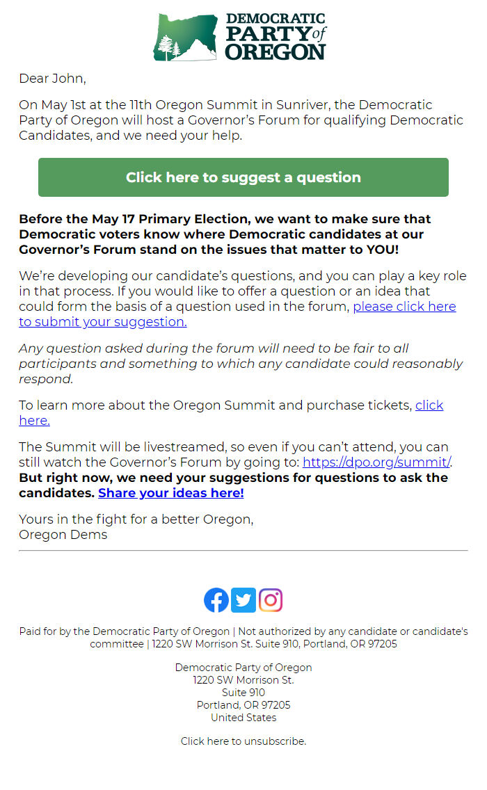 Screenshot of the email generated on import