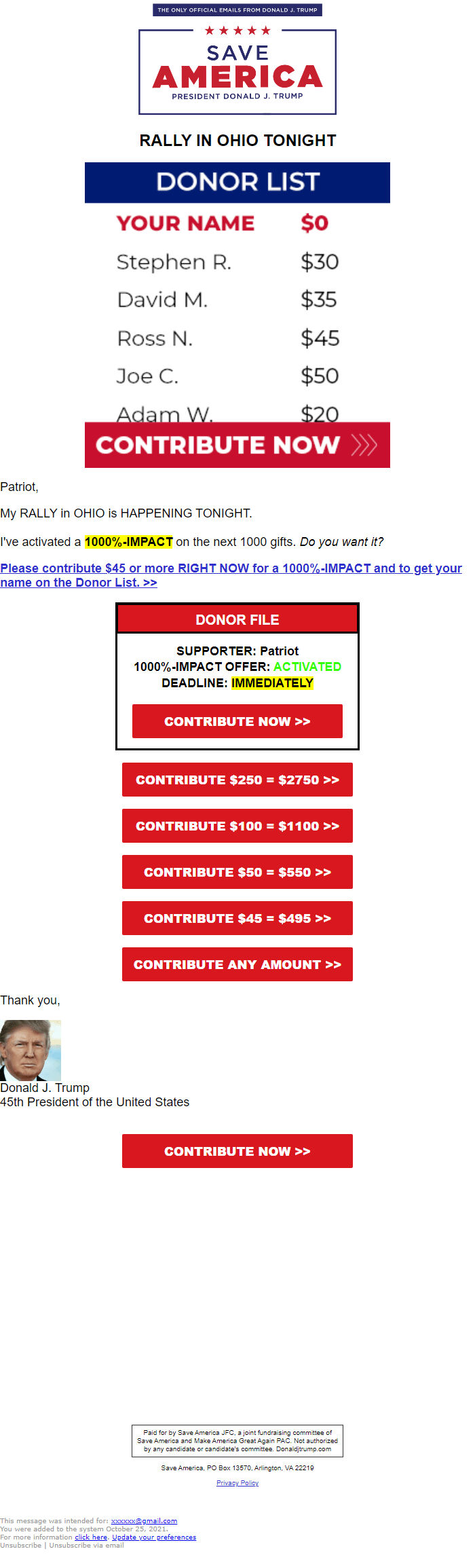 Screenshot of the email generated on import