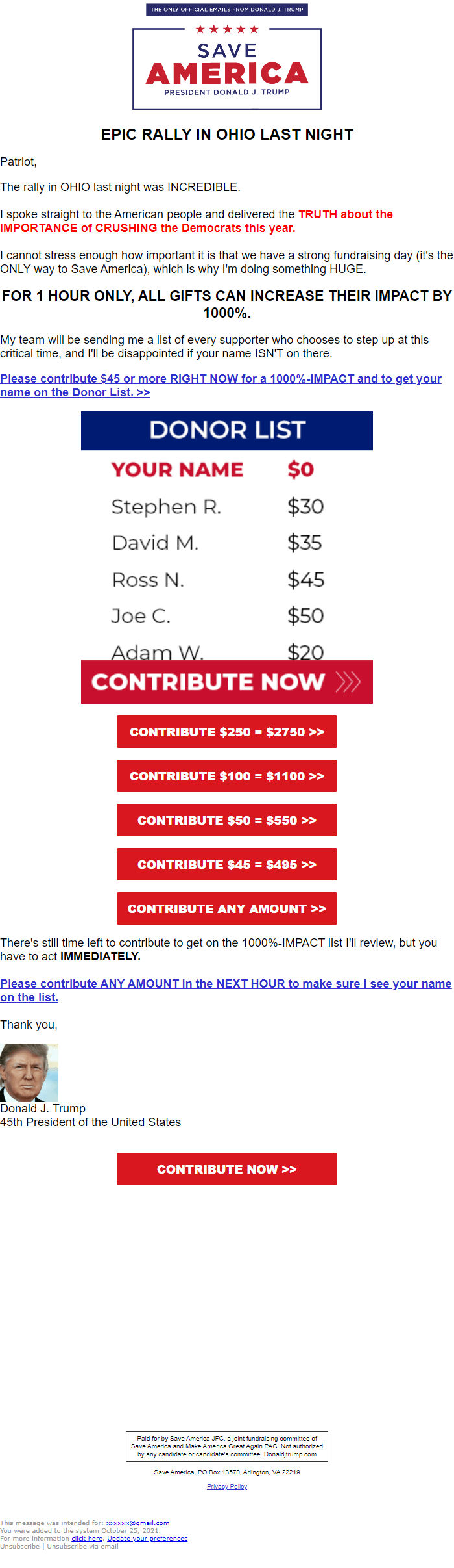 Screenshot of the email generated on import