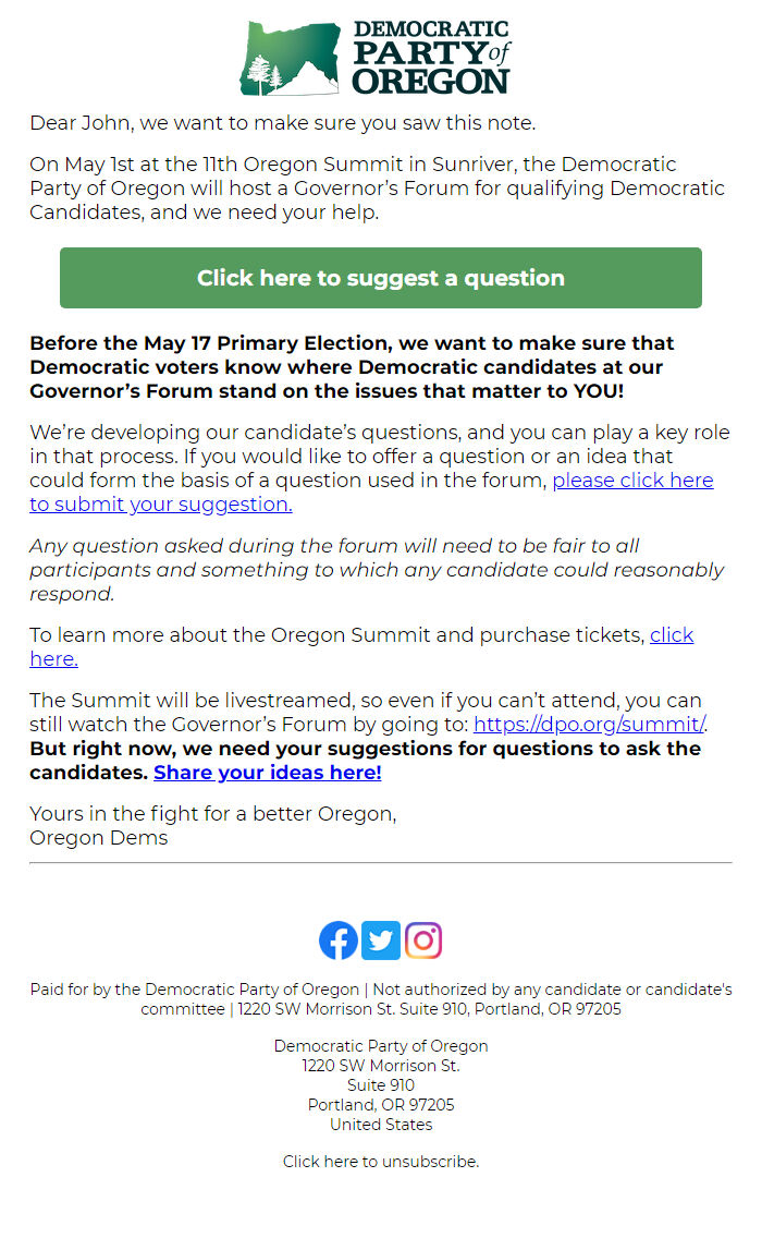 Screenshot of the email generated on import