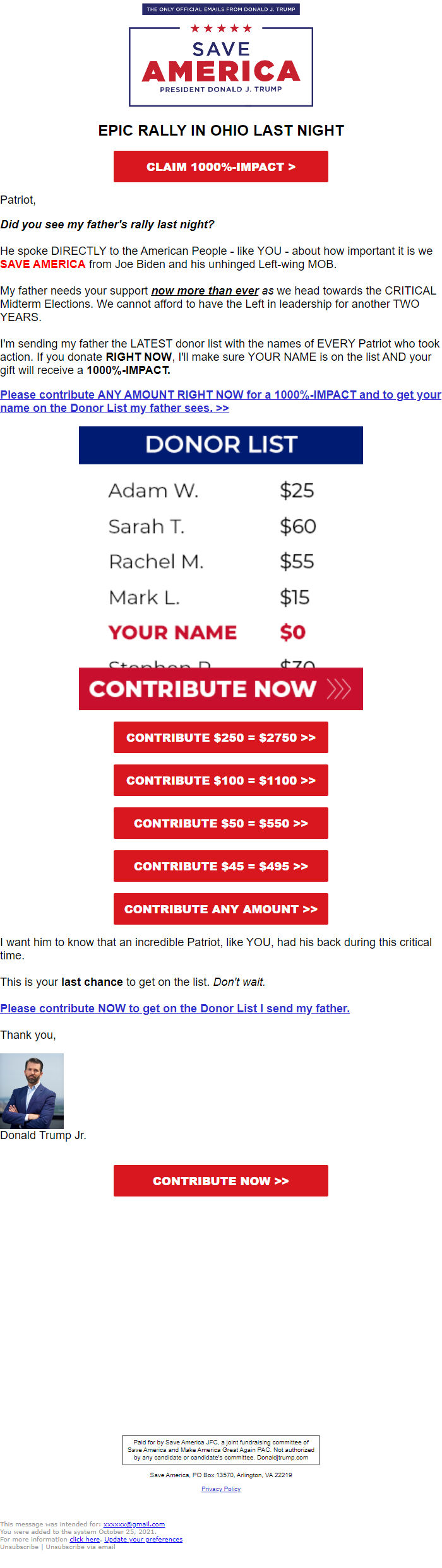 Screenshot of the email generated on import