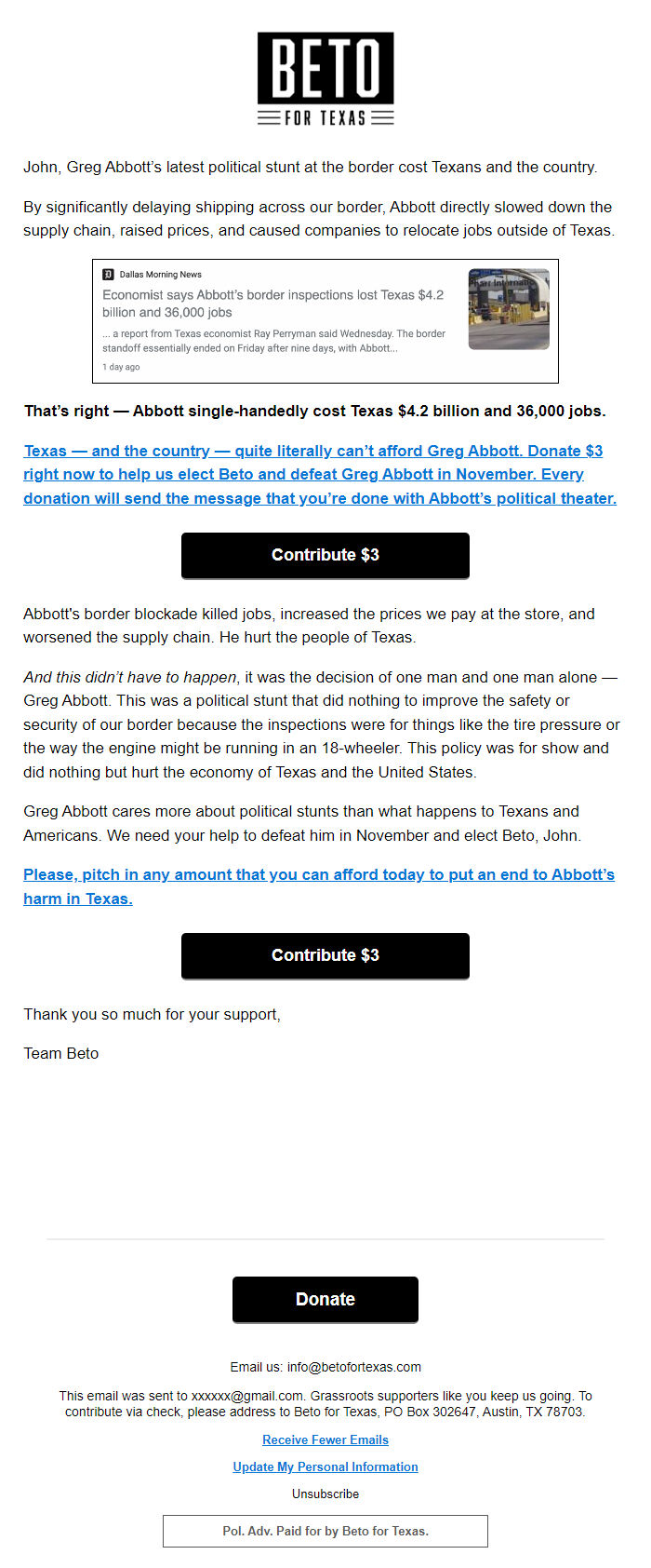 Screenshot of the email generated on import