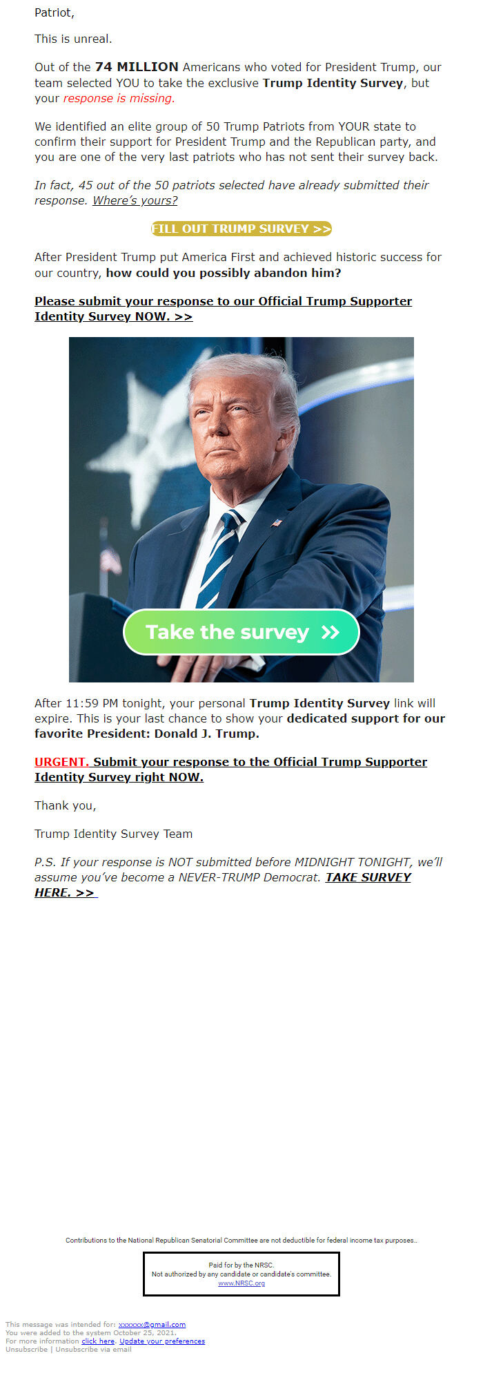 Screenshot of the email generated on import