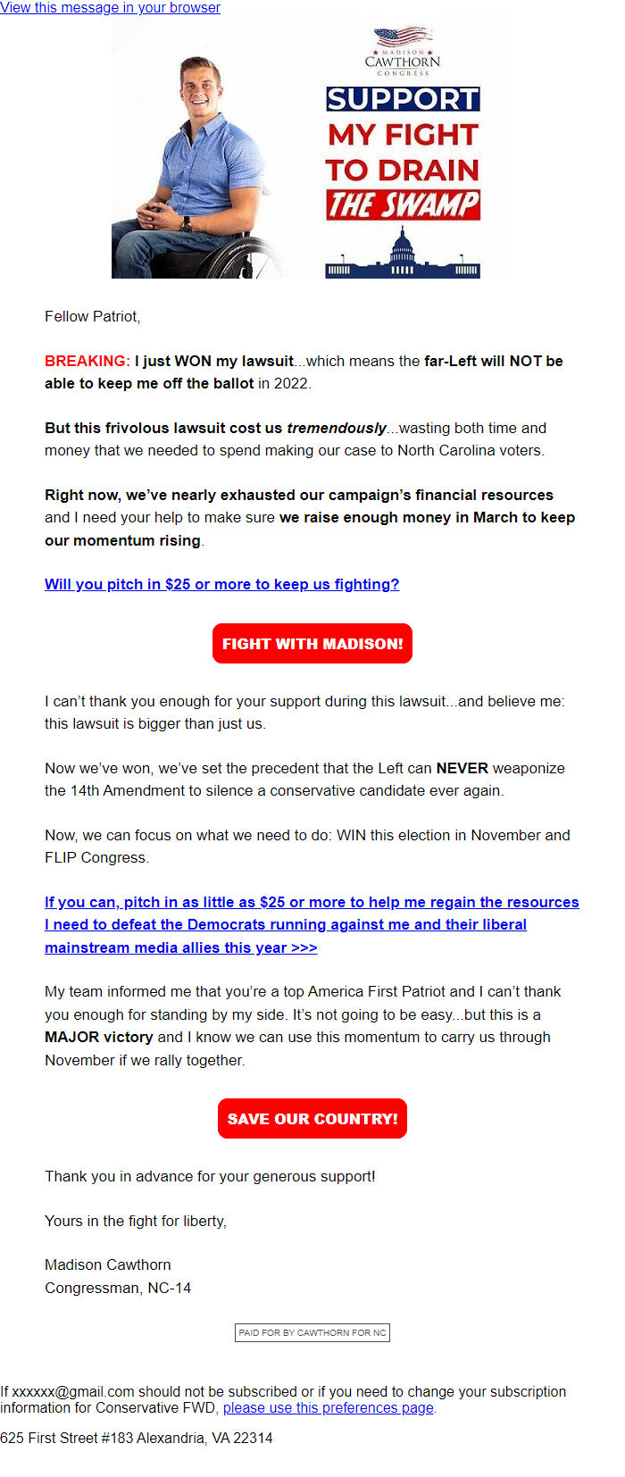 Screenshot of the email generated on import
