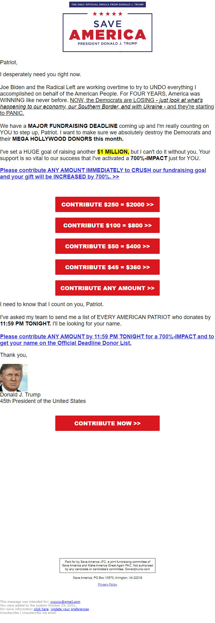 Screenshot of the email generated on import