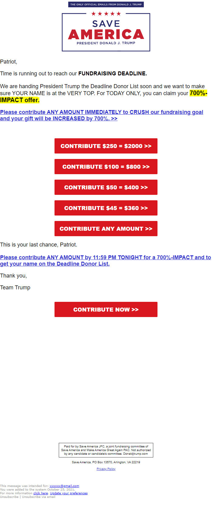 Screenshot of the email generated on import
