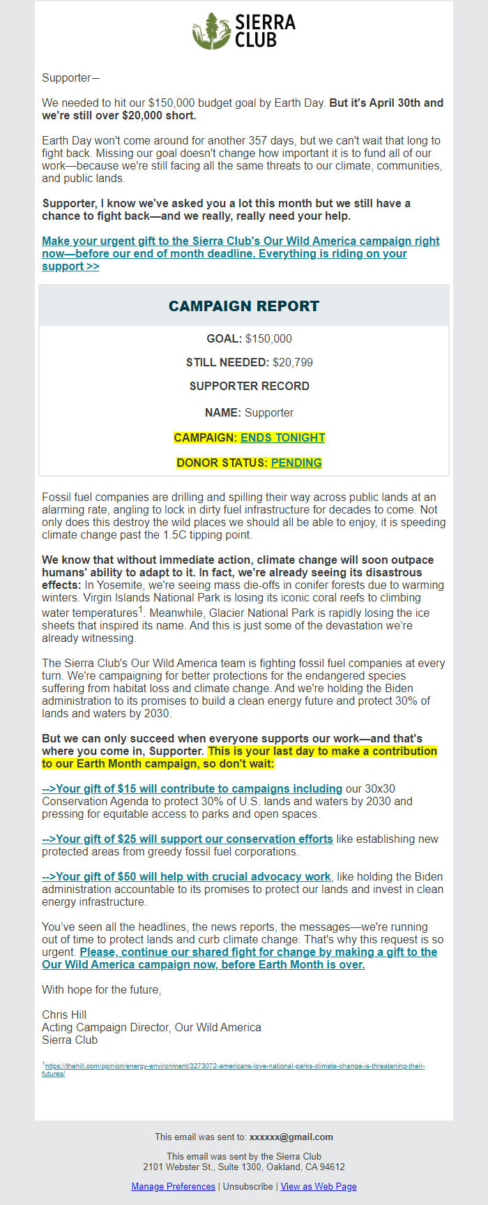 Screenshot of the email generated on import