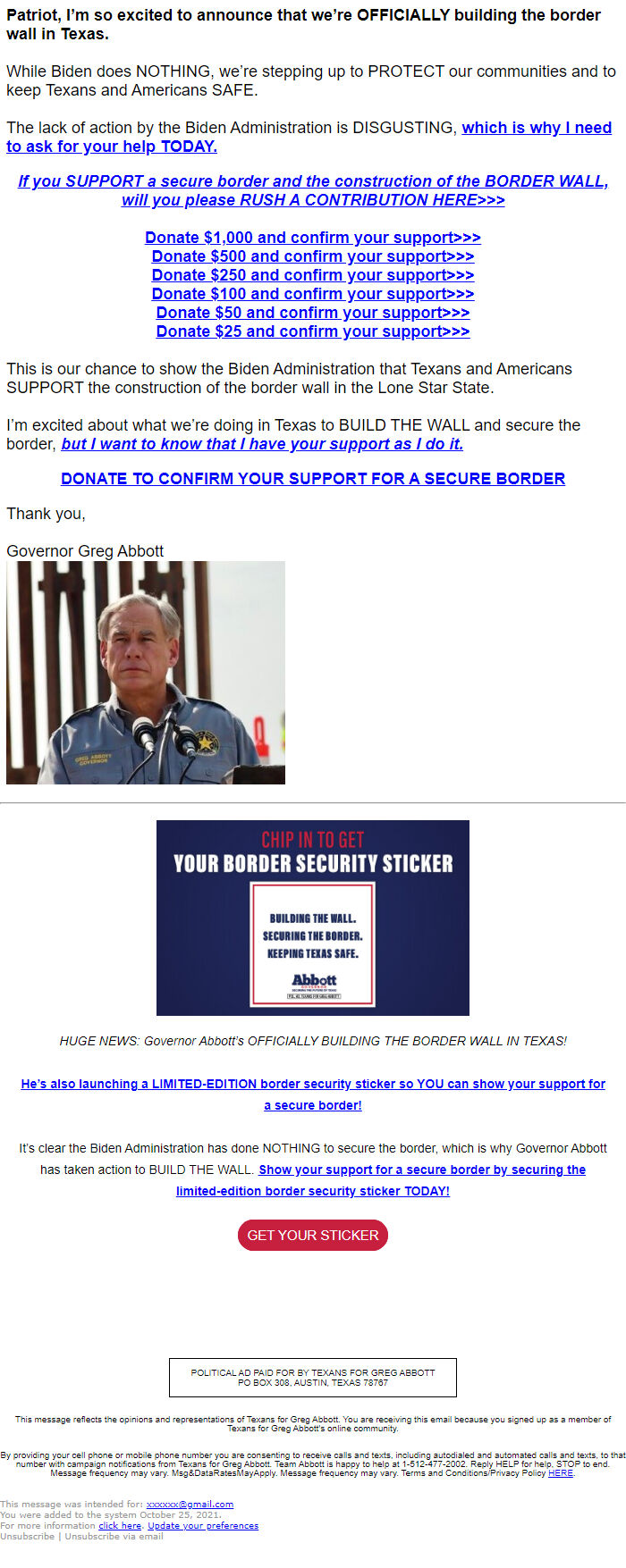 Screenshot of the email generated on import