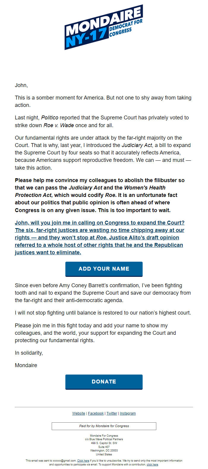 Screenshot of the email generated on import