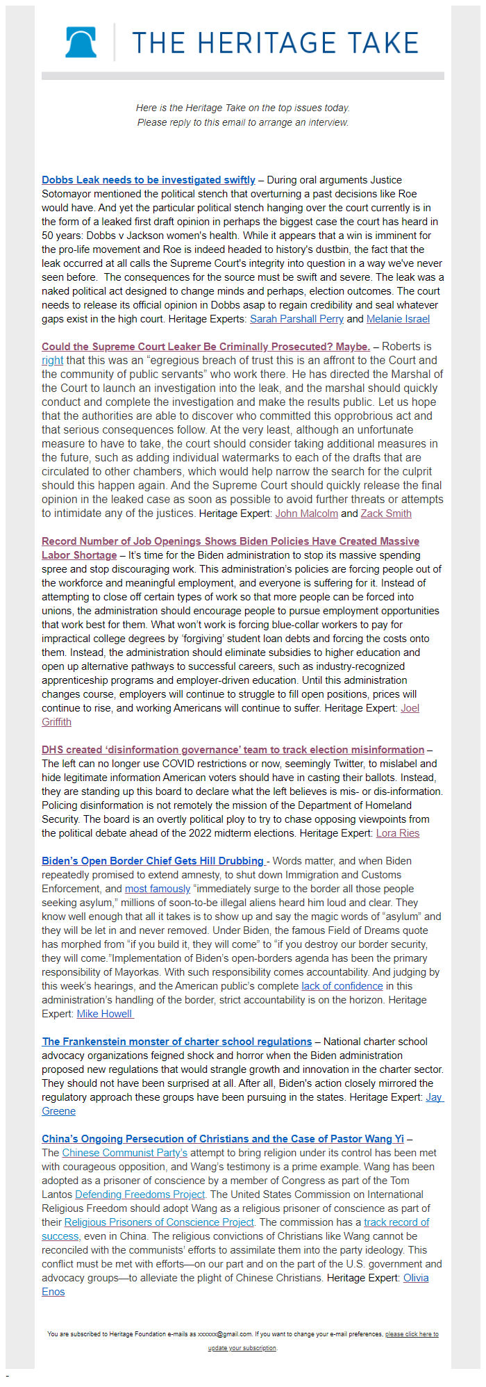 Screenshot of the email generated on import