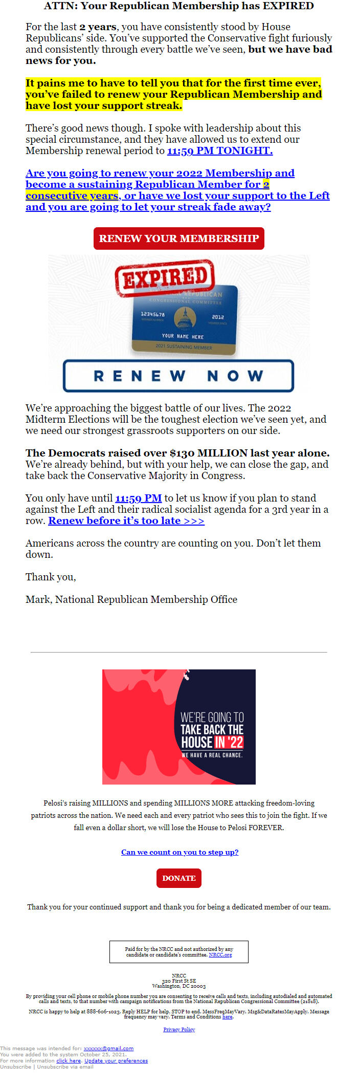 Screenshot of the email generated on import