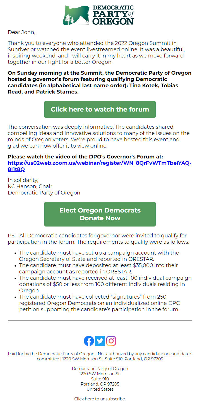 Screenshot of the email generated on import