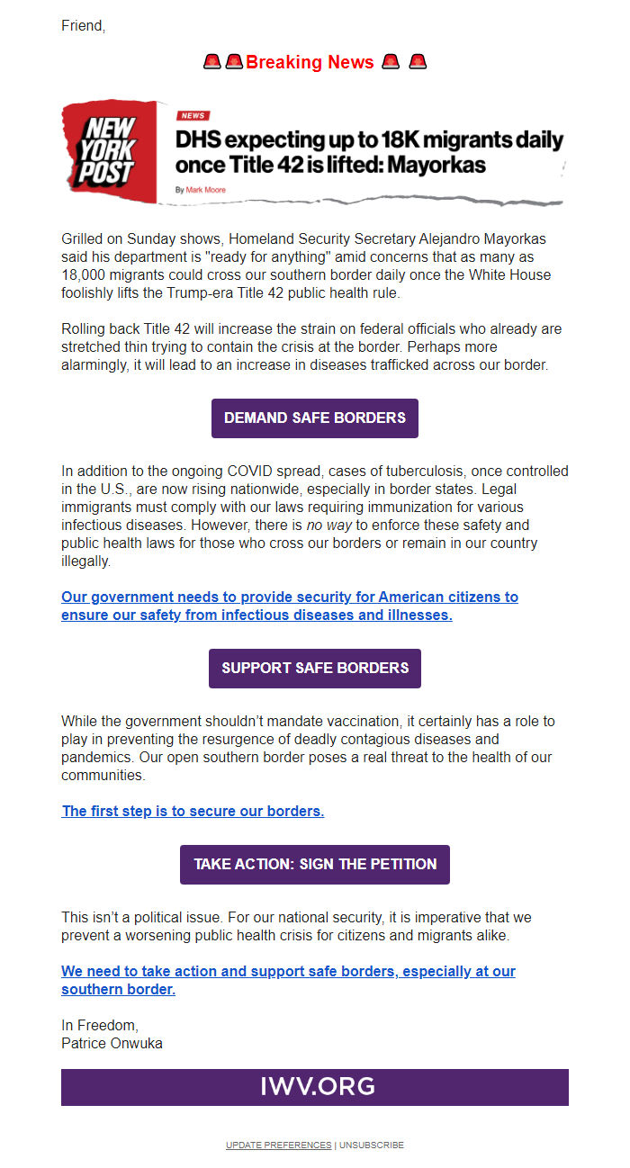 Screenshot of the email generated on import