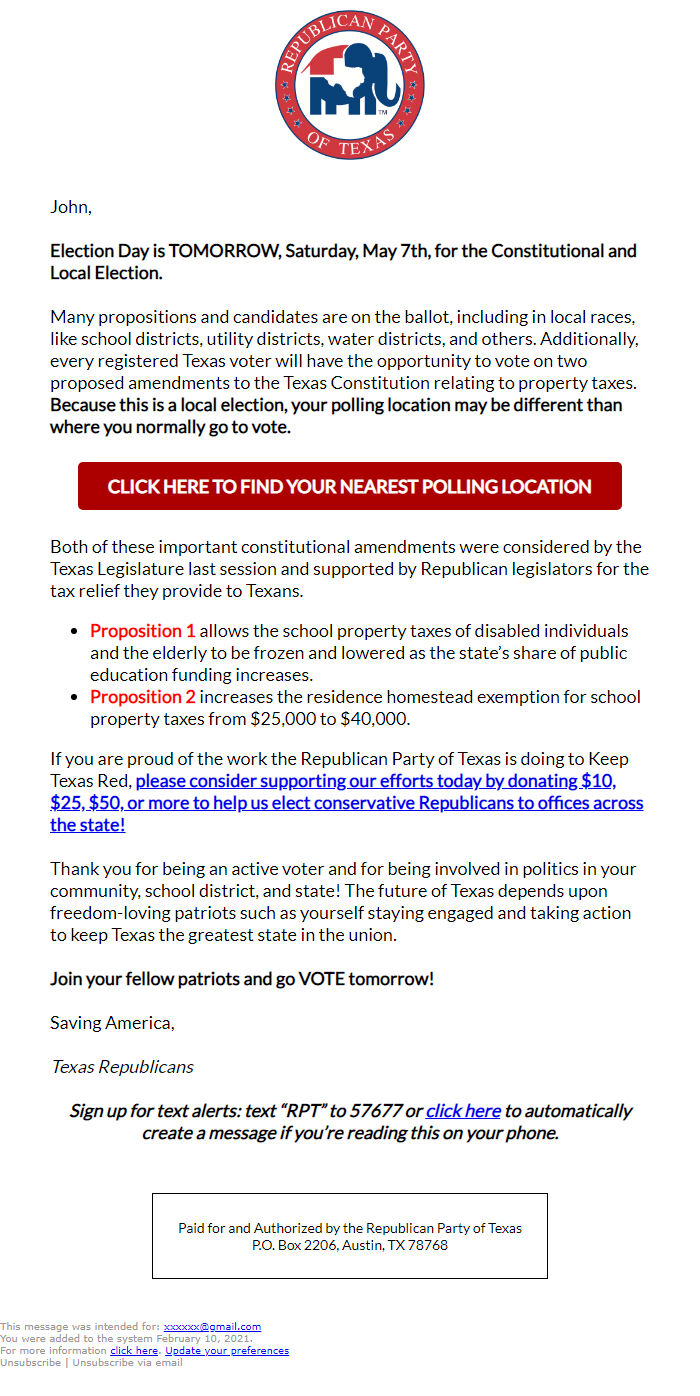 Screenshot of the email generated on import